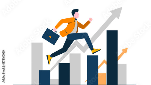 A dynamic businessman runs up an ascending bar chart, symbolizing career advancement, financial growth, and business progress.