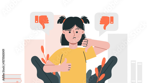 A young girl holds one thumb up and one thumb down, depicting indecision, mixed feelings, and conflicting feedback.