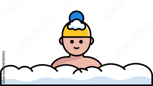 A stylized illustration shows a person enjoying a relaxing bath, surrounded by bubble foam, representing self-care.