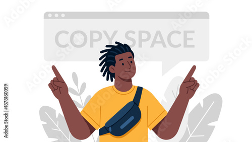 A stylish man with a fanny pack points upwards to a blank "Copy Space" area for custom text.