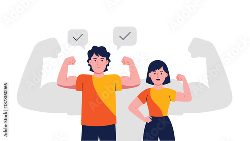 A confident man and woman flex their arms, with muscular shadows, symbolizing strength, health, and fitness goals.