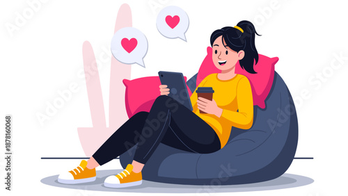 A happy young woman relaxes on a bean bag chair, engaging with tablet and phone, surrounded by heart emojis.