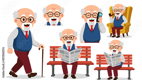 A cheerful collection of elderly man characters depicted in various activities, illustrating aspects of active senior lifestyle.