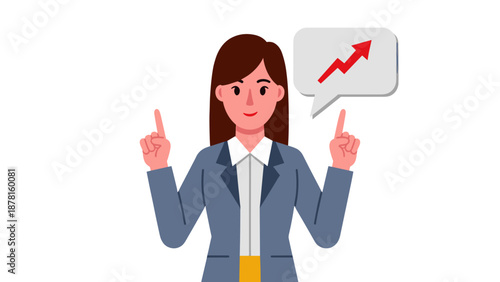 A confident businesswoman points upwards, indicating growth and positive trends with an ascending arrow in a thought bubble.