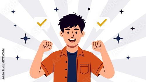 A confident young man flexes his biceps with a proud smile, surrounded by stars and checkmarks, symbolizing achievement.