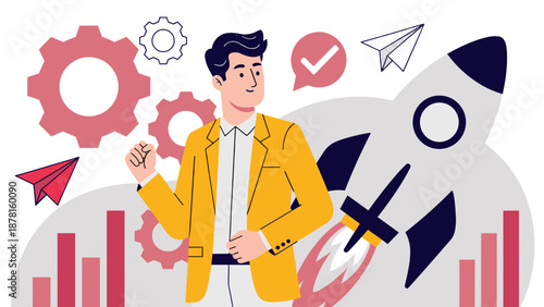 A focused businessman stands amidst symbols of innovation: a launching rocket, gears, and rising bar charts, representing business growth.