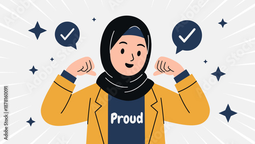 A proud Muslim woman in hijab confidently flexes her arms, surrounded by checkmarks and stars, symbolizing achievement.