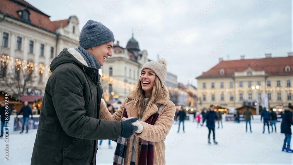 Fototapeta premium Man and woman ice skating and laughing on outdoor rink. Winter holiday activity and happy couple concept. Fun leisure time