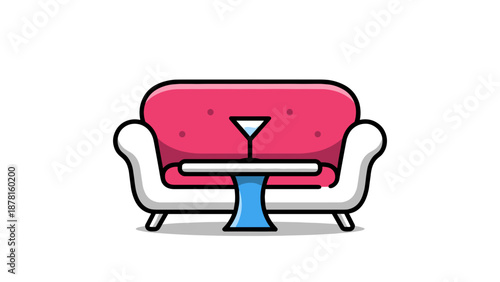 A cozy pink sofa with a clean white base and a small blue table featuring a martini glass, symbolizing comfort, relaxation, and modern lounge settings.