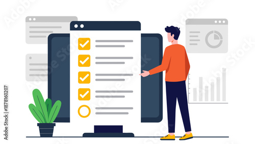 A man meticulously reviews a lengthy digital checklist displayed on a large screen, symbolizing task management, efficiency, and project completion.