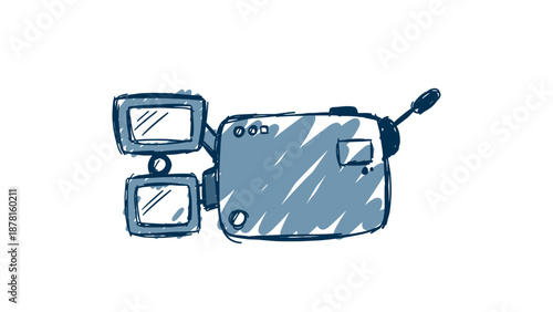 A hand-drawn, blue-colored cartoon video camera with external monitors is depicted on a plain white background, illustrating old recording technology.