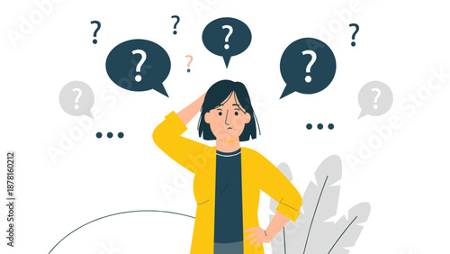 A confused young woman with dark hair stands with question marks floating around her head, symbolizing uncertainty, doubt, and complex decision-making.