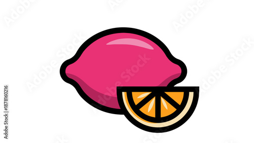 A stylized illustration of a vibrant pink lemon beside a juicy orange slice, combining citrus freshness with a unique artistic flair.