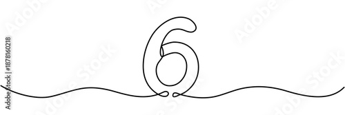Continuous line drawing of number six in hand drawn style. Single unbroken outline sketch perfect for minimalist mathematical illustrations. Vector illustration isolated on white.