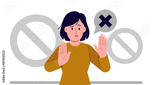 A determined woman extends her hands in a stop gesture, surrounded by explicit 'no' and 'forbidden' symbols, representing refusal, boundaries, and prohibition.