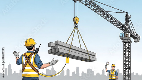 Oil A vector illustration of two construction workers operating a crane in a cityscape