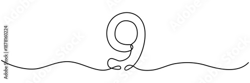 Continuous line drawing of number nine in hand drawn style. Single unbroken outline sketch perfect for minimalist mathematical illustrations. Vector illustration isolated on white.