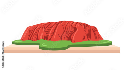 A vibrant cartoon illustration depicts the iconic Uluru (Ayers Rock) landmark, majestically rising from a green, minimalist landscape.