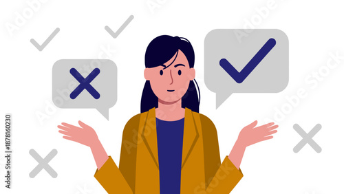 A thoughtful woman stands with her hands open, surrounded by checkmarks and crosses in speech bubbles, symbolizing decision-making, choice, and evaluation.