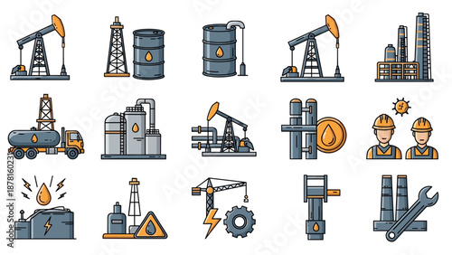 A comprehensive set of detailed icons illustrating various aspects of the oil and gas industry and energy production.
