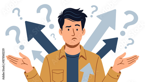 A perplexed young man shrugging his shoulders, surrounded by question marks and arrows, illustrating indecision and uncertainty.