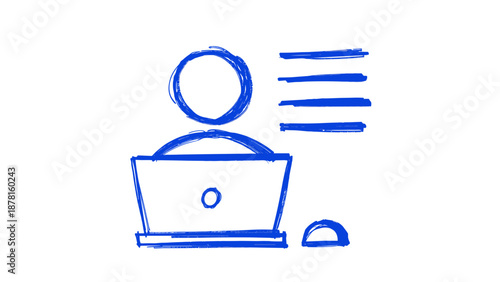 A minimalist blue doodle drawing illustrates a person diligently working on a laptop, surrounded by abstract text lines.