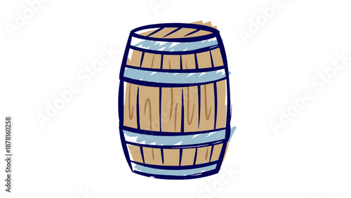 A charming blue doodle sketch depicts a classic wooden barrel with metal bands, suggesting storage or aged goods.
