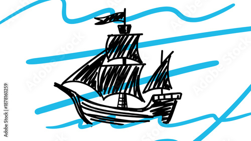 A whimsical blue doodle drawing depicts an old-fashioned sailing ship gracefully navigating wavy blue waters under a clear sky.
