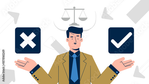 A thoughtful man in a suit contemplates a difficult decision, weighing a checkmark for approval against an 'X' for rejection with scales of justice hovering above.