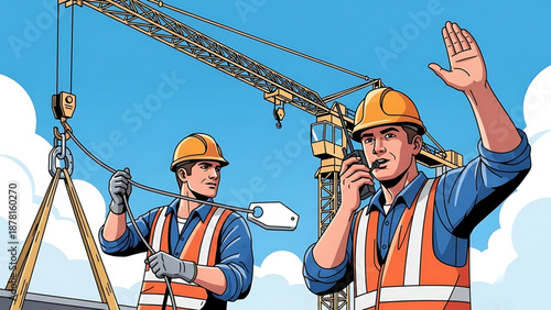 Oil Two construction workers in hard hats and safety vests communicating on a building site with a crane