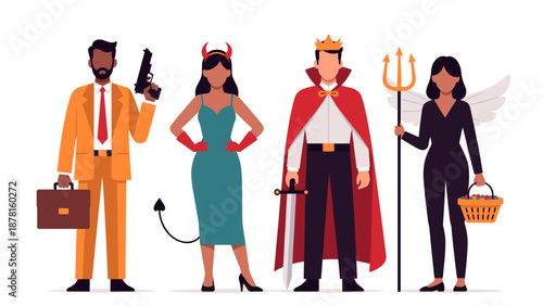 A diverse group of four distinct characters includes a man with a gun, a devilish woman, a regal king, and a virtuous angel woman, representing various archetypes.