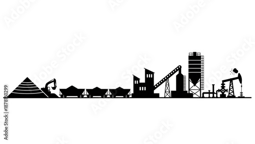 Oil A black silhouette vector graphic of an industrial landscape with mining and construction equipment