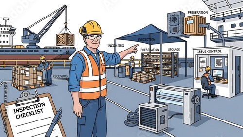 Oil A warehouse worker in a hard hat and safety vest points to a checklist in a busy industrial setting with storage and shipping operations