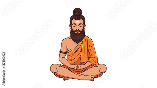 A bearded Indian sage or yogi with a top knot is meditating peacefully in the lotus position.