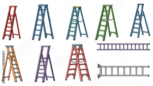 A collection of colorful illustrated stepladders and extension ladders for construction, repair, and home improvement concepts.