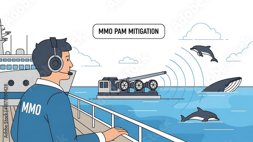 Oil A vector graphic illustration of a man wearing a headset standing on a ship deck with a tank and dolphins in the water