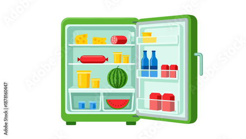 An open, bright green refrigerator filled with various fresh food items and drinks for a healthy lifestyle.
