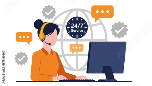 A friendly female customer service representative wearing a headset works at a computer providing 24/7 support.