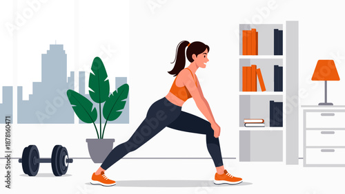 A fit woman in sportswear performs a lunge exercise in her modern, well-lit living room at home.