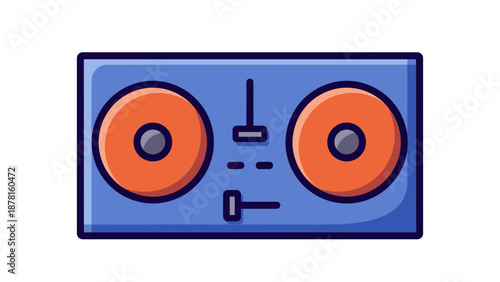 A colorful illustration of a professional DJ mixer with two turntables and numerous control sliders.