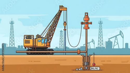 Oil A vector graphic illustration of an oil drilling rig in a flat, minimal design style