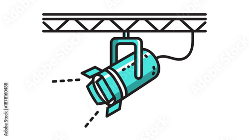 A bright blue stage spotlight hangs from a truss structure, casting a focused beam of light.