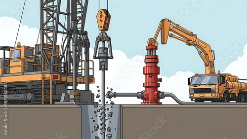 Oil A vector graphic illustration of heavy machinery drilling into the ground with a crane and excavator nearby