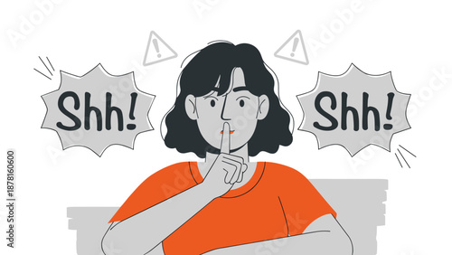 A woman with a serious expression holding a finger to her lips, surrounded by "Shh!" speech bubbles, indicating silence or secrecy.