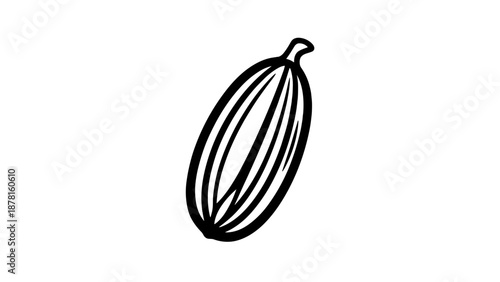 A minimalist black and white line art illustration of a single elongated cardamom pod, highlighting its natural form.