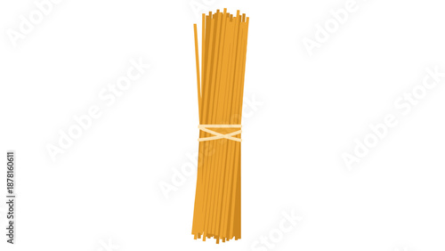 A neat, vertical bundle of uncooked spaghetti strands tied together, ready for cooking and Italian cuisine.
