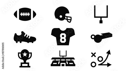 A collection of nine distinct black silhouette icons representing various key elements and symbols of American football.