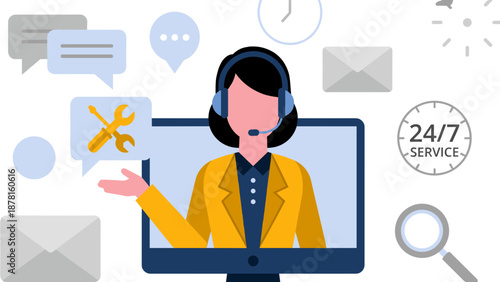 A friendly female customer service representative with a headset on a computer screen, surrounded by communication and support icons.