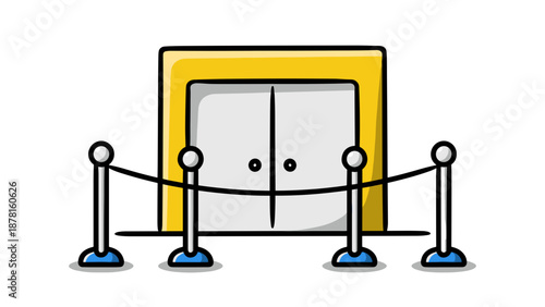 A cartoon illustration of white closed doors with a yellow frame, fronted by a classic queue rope barrier.