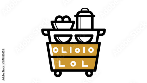 A simple cartoon illustration showing a two-tiered food serving trolley loaded with bowls, dishes, and a lidded pot.